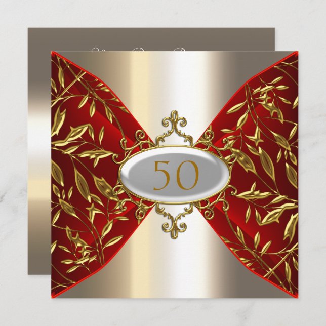 Gold Red Metal look Birthday Anniversary Invitation (Front/Back)