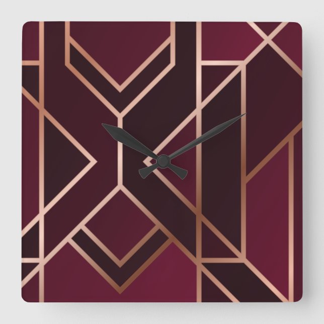 Gold,red,modern, art deco pattern,geometric,elegan square wall clock (Front)
