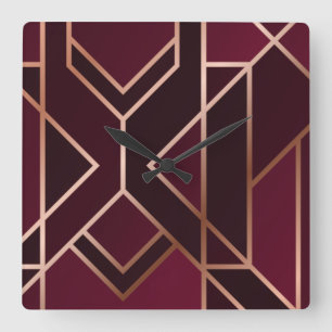 Gold,red,modern, art deco pattern,geometric,elegan square wall clock