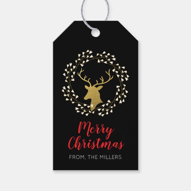 Gold & Red | Modern Deer Merry Christmas Gift Tag (Front)