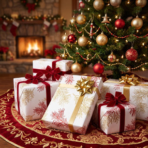 Gold Red Modern Elegant Botanical Christmas Wrapping Paper