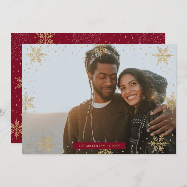 Gold & Red | Modern Winter Photo Christmas Card (Front/Back)