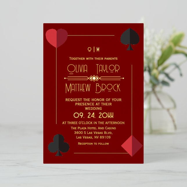 Gold Red Monogram Playing Card Wedding Invite (Standing Front)