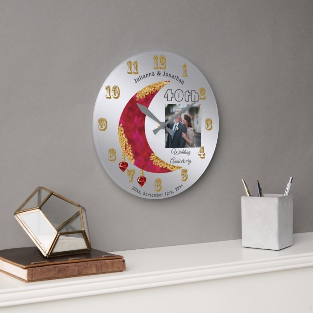 Gold Red Moon 40th anniversary Red Hearts & Photo  Large Clock (Office)