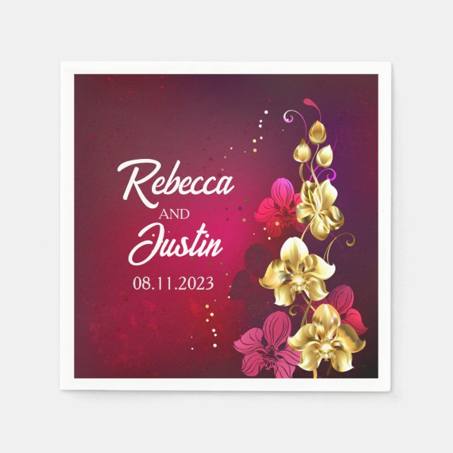 Gold Red Orchids Floral Modern Boho Napkin (Front)