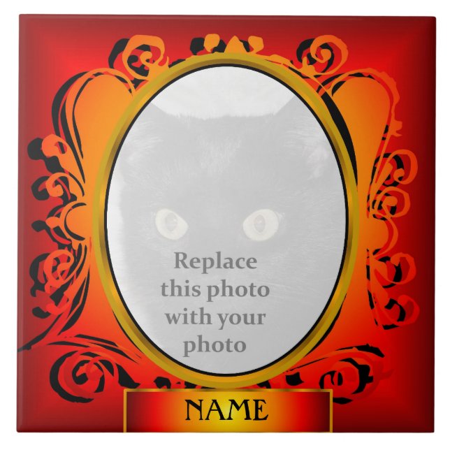 Gold Red Oval Photo Frame with Name Tile (Front)