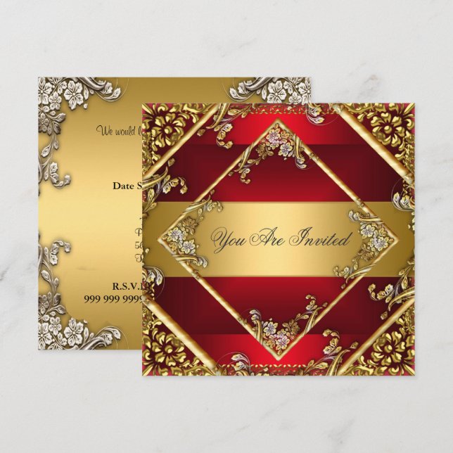 Gold Red Party Invitation Floral Frame (Front/Back)