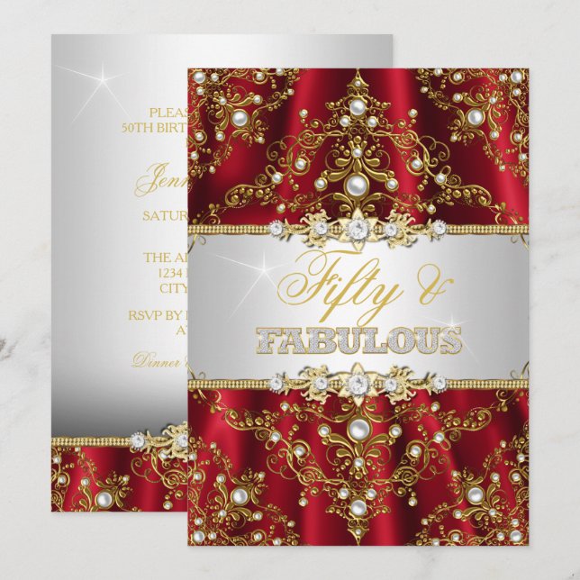 Gold Red Pearl Damask Fifty and Fabulous Invite (Front/Back)