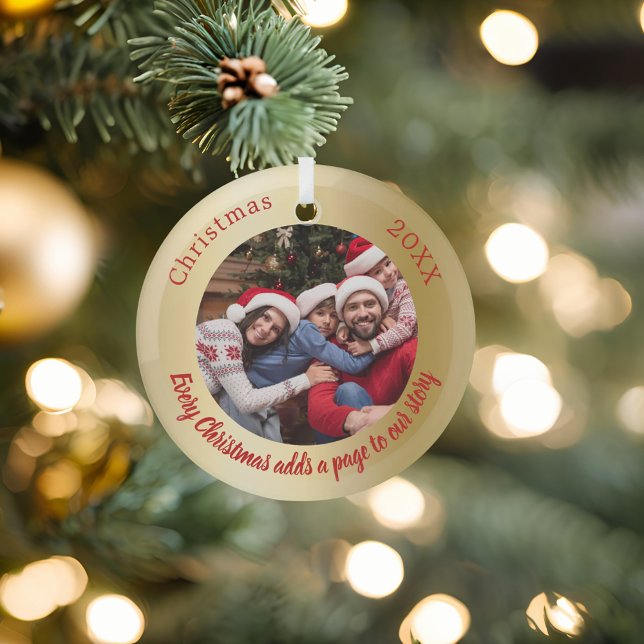 Gold red photo family story quote Christmas Glass Tree Decoration (Creator Uploaded)