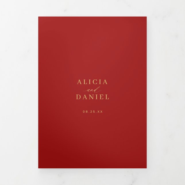 Gold red photo wedding RSVP details QR code Tri-Fold Invitation (Cover)
