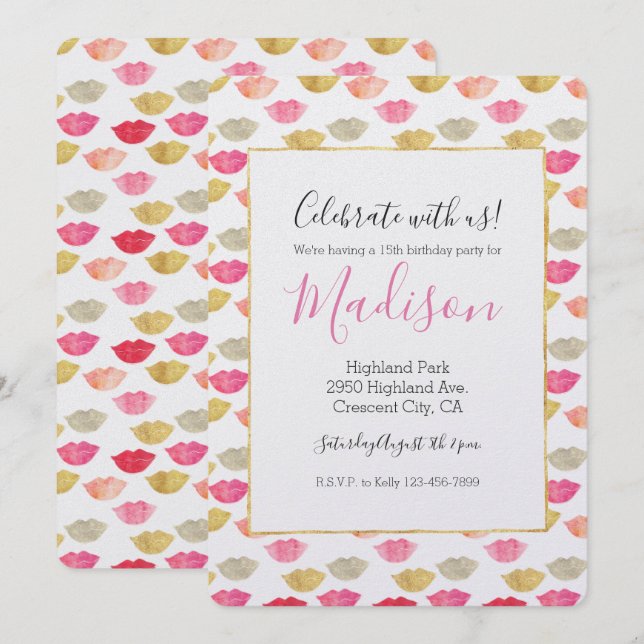 Gold Red Pink Watercolor Lips Invitation (Front/Back)