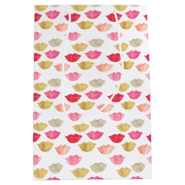 Gold Red Pink Watercolor Lips Medium Gift Bag (Front)