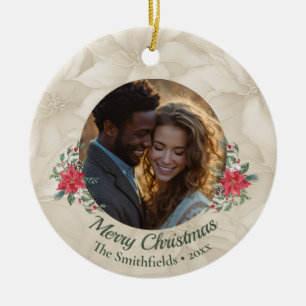 Gold, Red Poinsettia 2 sided Photo Holiday Ceramic Tree Decoration