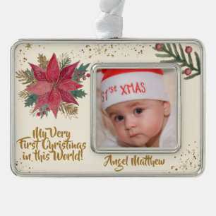 Gold Red Poinsettia Glittery First Christmas Photo Silver Plated Framed Ornament