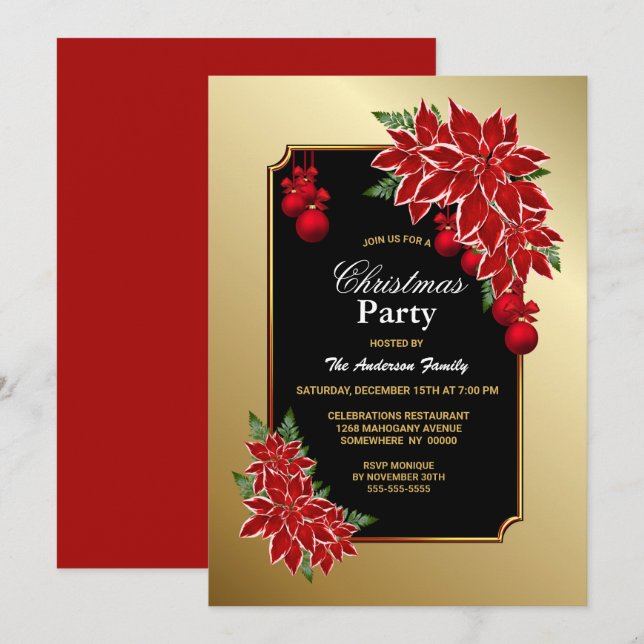 Gold Red Poinsettia Gold Frame Christmas Party Invitation (Front/Back)
