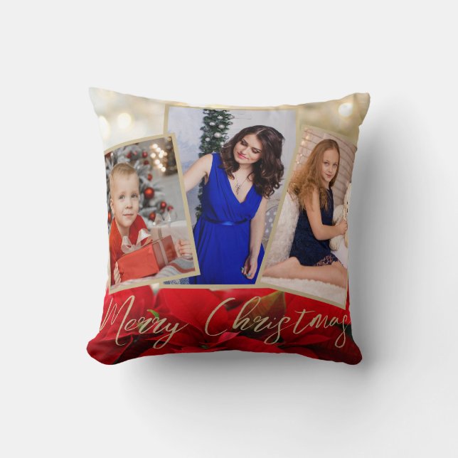 Gold Red Poinsettia Merry Christmas 3 Photos Cushion (Front)