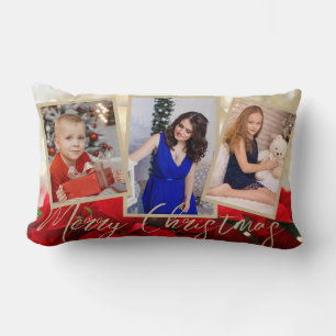 Gold Red Poinsettia Merry Christmas 3 Photos Throw Lumbar Cushion