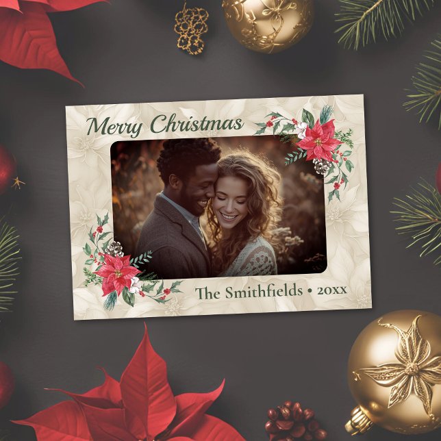 Gold, Red Poinsettia Photo Flat Holiday Card (Gold embossed Poinsettia photo Christmas card)