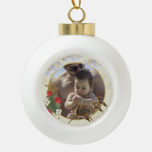 Gold Red Poinsettia Trees Sparks Christmas Photo  Ceramic Ball Christmas Ornament