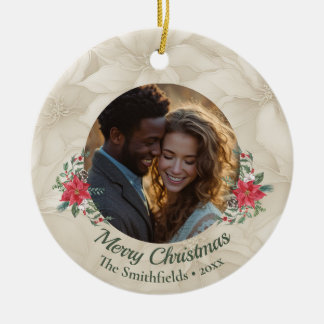 Gold, Red Poinsettia Two Photos Holiday Ceramic Tree Decoration