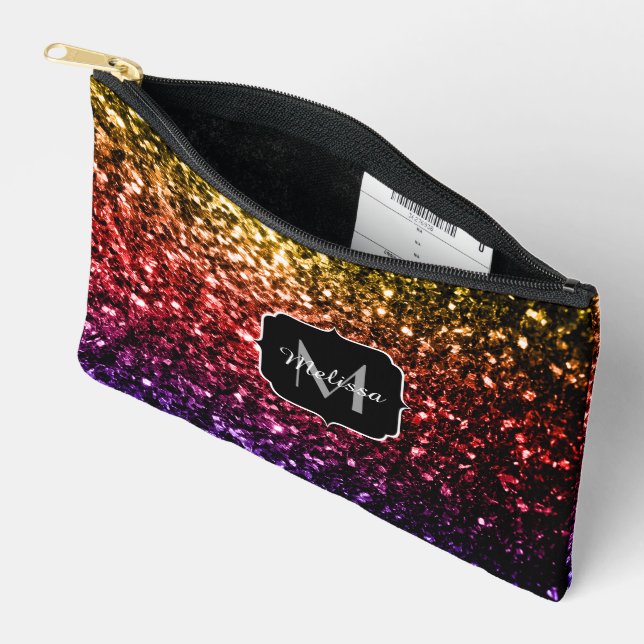 Gold red purple faux glitter sparkles Monogram Accessory Pouch (Open)