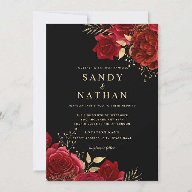 Gold Red Romantic Rose Wedding Invitation (Front)
