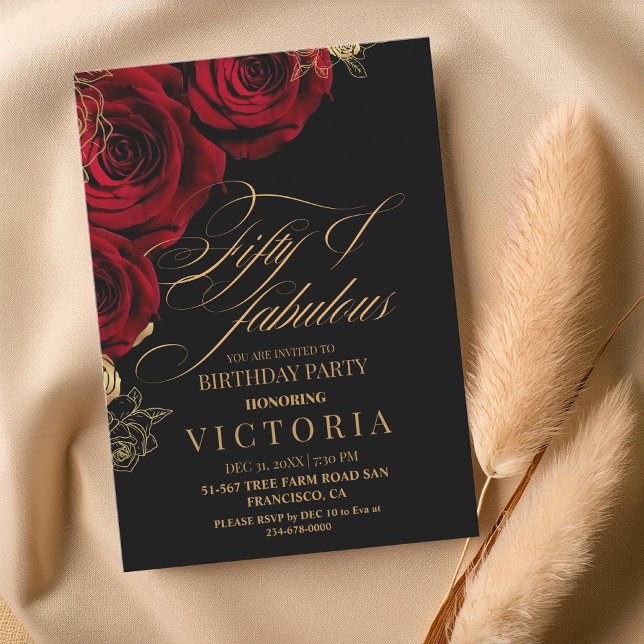 Gold & Red Rose 50th Birthday Party Invitation (Creator Uploaded)