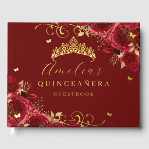 Gold Red Rose Floral Swirl Quinceanera  Guest Book