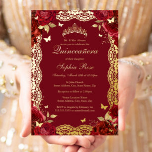 Gold Red Rose Lace Butterfly Quinceanera Birthday