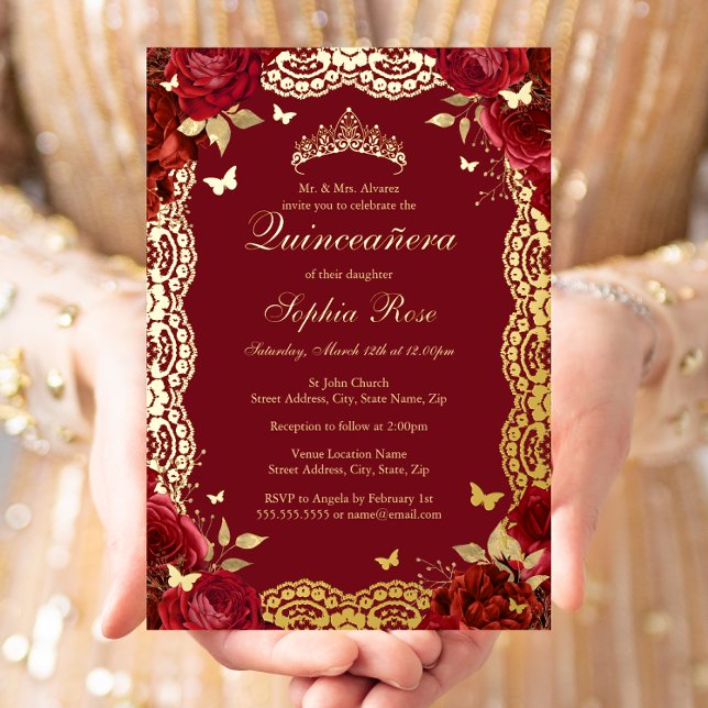 Gold Red Rose Lace Butterfly Quinceanera Birthday  (Creator Uploaded)