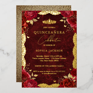 Gold Red Rose Lace Quinceanera Birthday