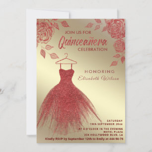 Gold Red roses red glitter dress Quinceañera Invitation