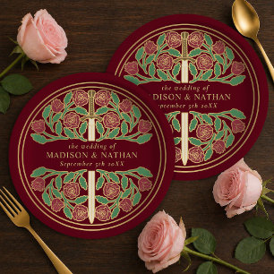 Gold Red Royal Mediaeval Floral Sword Wedding Paper Plate