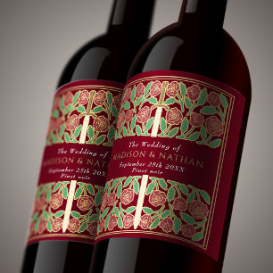 Gold Red Royal Mediaeval Floral Sword Wedding Wine Label