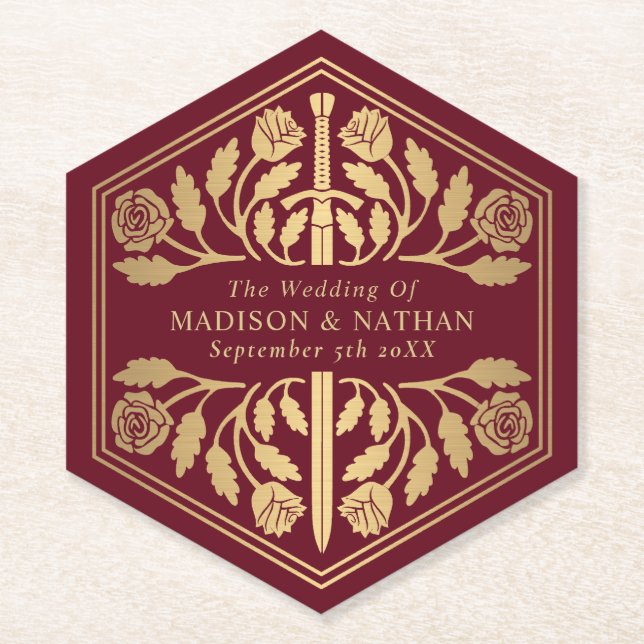 Gold Red Royal Mediaeval Sword Wedding Paper Coaster (Front)