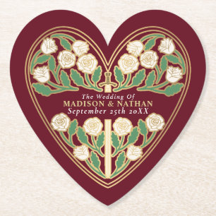 Gold Red Royal Mediaeval White Floral Sword Weddin Paper Coaster