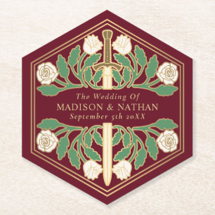 Gold Red Royal Mediaeval White Floral Sword Weddin Paper Coaster