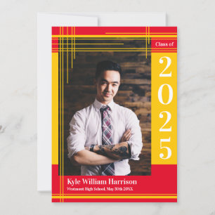 Gold Red School Colour Graduation Photo Plaid Invitation