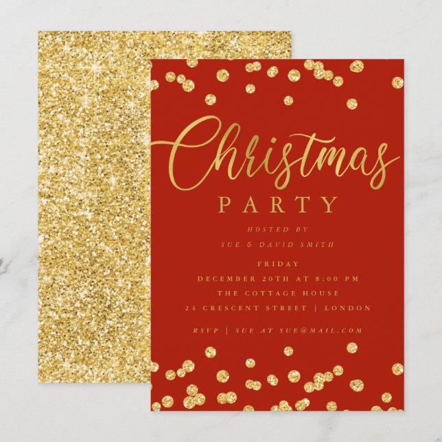 Gold Red Script Confetti Holiday Christmas Party Invitation (Front/Back)
