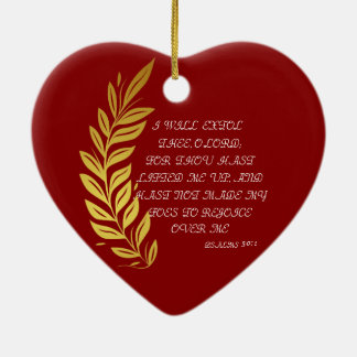 GOLD RED SHINY FLORAL HAPPY HOLIDAYS PSALM 30:1  CERAMIC TREE DECORATION
