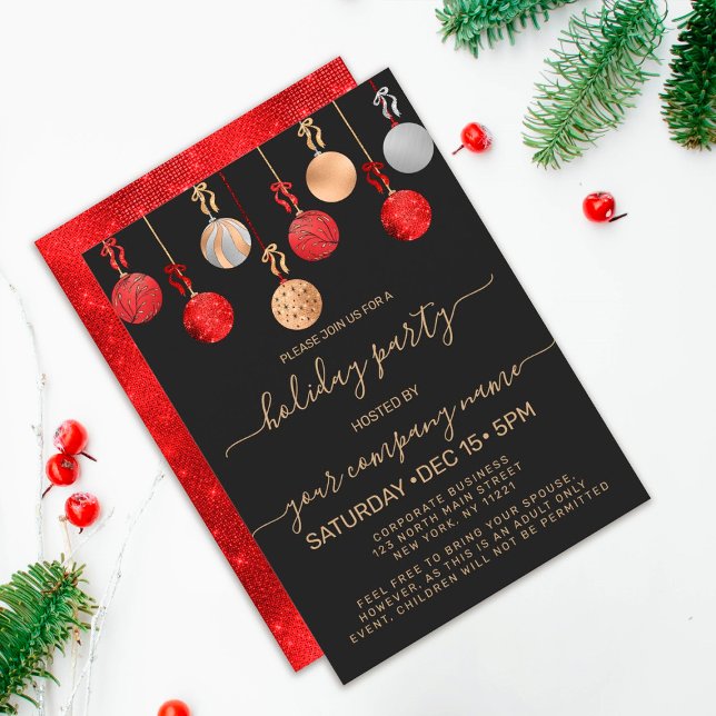 Gold Red Silver Glitter Ornament Corporate Holiday Invitation (Creator Uploaded)