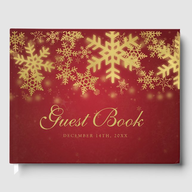 Gold & Red Snowflakes Christmas Party Guest Book (Front)
