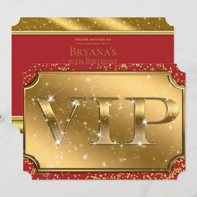 Gold & Red Sparkle Glam VIP Party Event Ticket Invitation (Front/Back)