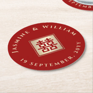 Gold/Red Square Double Happiness Chinese Wedding Round Paper Coaster