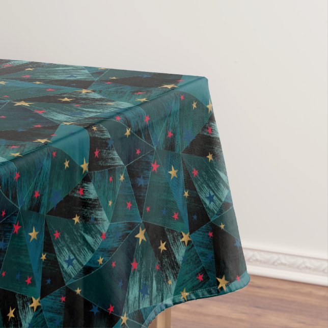Gold, red stars on blue tablecloth (In Situ)