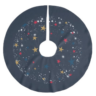 Gold, red stars, snowflakes on blue. Festive Brushed Polyester Tree Skirt