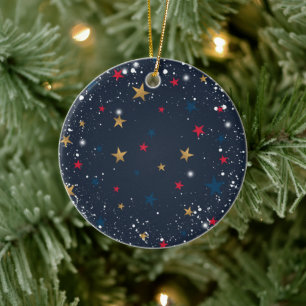 Gold, red stars, snowflakes on blue. Festive Ceramic Tree Decoration