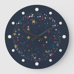 Gold, red stars, snowflakes on blue. Festive Large Clock