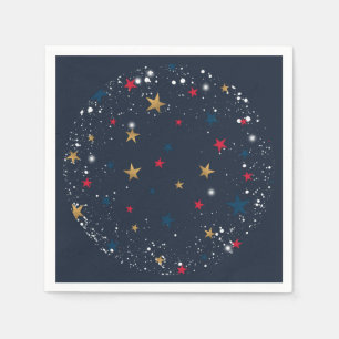 Gold, red stars, snowflakes on blue. Festive Napkin