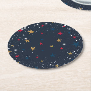Gold, red stars, snowflakes on blue. Festive Round Paper Coaster